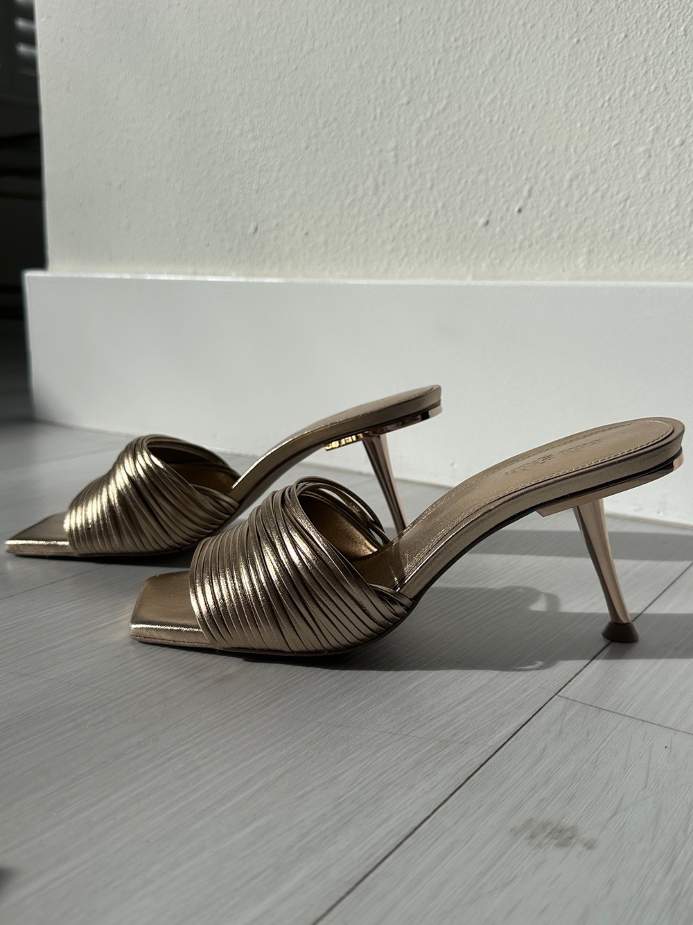 cult gaia Metallic Gold Ruched Slip-On Heeled Mules